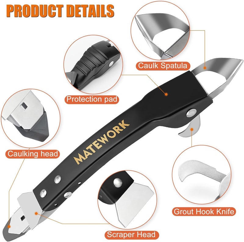 Matework Caulking Tool Kit, Stainless Steel Caulk Remover Tool, 4 in 1 Grout Removal Tool, Sealant Finishing Tool with 5 Silicone Pads, Caulk Removal Tool for Shower Kitchen Bathroom Floor Window Sink, Black - Image 2